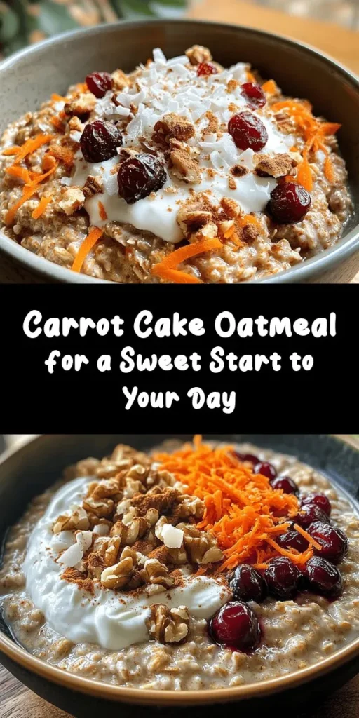 Start your day with a bowl of Carrot Cake Oatmeal Delight! This heartwarming recipe combines rolled oats with almond milk, finely grated carrot, and a mix of warming spices like cinnamon and ginger. Sweetened with maple syrup and topped with cranberries, walnuts, and a dollop of cream cheese or yogurt, this dish is a nutritious and flavorful treat. Perfect for breakfast or a snack, it's ready in just 15 minutes and serves two. Enjoy the cozy flavors of carrot cake in every bite!