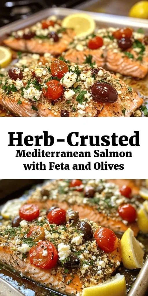 Delight in the flavors of the Mediterranean with this Herb-Crusted Salmon recipe! Bursting with fresh ingredients like cherry tomatoes, Kalamata olives, and tangy feta, this dish is as nutritious as it is delicious. Simply marinate the salmon, top it with a flavorful mix, and bake to perfection. Perfect for a healthy dinner that’s both easy to make and sure to impress. Serve it with lemon wedges for a zesty finish. Enjoy a taste of the Mediterranean at home!