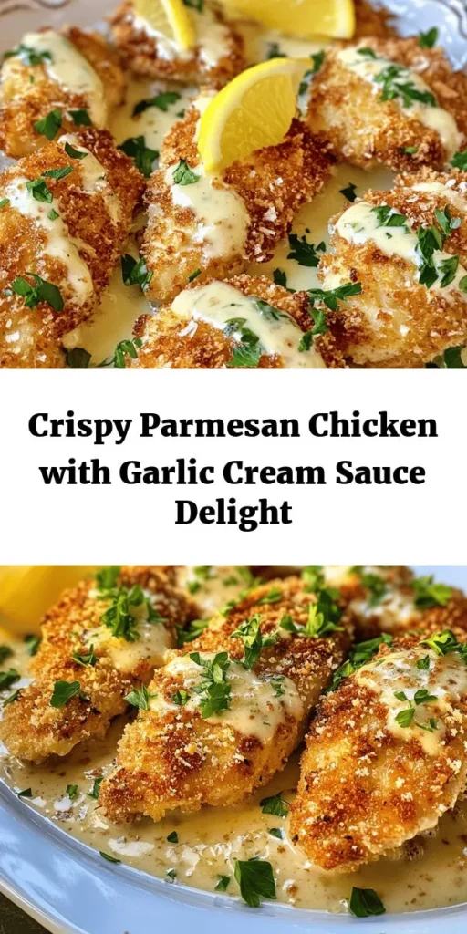 Indulge in this Crispy Parmesan Chicken with a luscious Garlic Cream Sauce, perfect for any dinner! With tender chicken breasts coated in a crunchy panko-Parmesan crust, this dish is both satisfying and delectable. The dreamy garlic cream sauce adds a rich flavor that takes it to the next level. Easy to prepare and ready in just 45 minutes, it's a crowd-pleaser for family meals or special occasions. Don’t forget to serve with lemon wedges for a fresh touch!