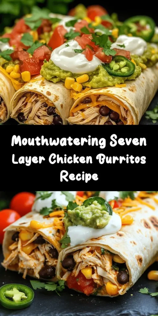 Looking for a quick and delicious meal? Try these Seven Layer Chicken Burritos! Packed with shredded chicken, black beans, corn, and tomatoes, all layered with creamy guacamole and sharp cheddar cheese, these burritos are bursting with flavor. Perfect for a weeknight dinner or meal prep, they come together in just 30 minutes. Grill them for an extra crunch and serve with fresh cilantro and jalapeños. Your taste buds will thank you!