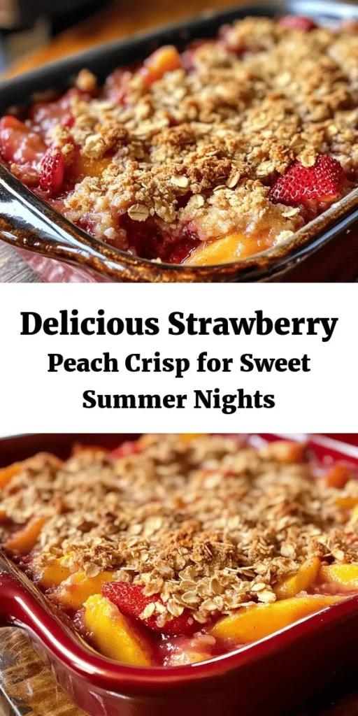 Enjoy a deliciously fruity dessert with this Strawberry Peach Crisp recipe! Bursting with fresh strawberries and juicy peaches, the sweet filling is perfectly balanced with a crunchy oat topping. Quick to prepare, this dish bakes up beautifully in just 35-40 minutes. Serve it warm, paired with a scoop of vanilla ice cream or whipped cream for an extra treat. Perfect for summer gatherings or cozy nights at home, this dessert is sure to impress!