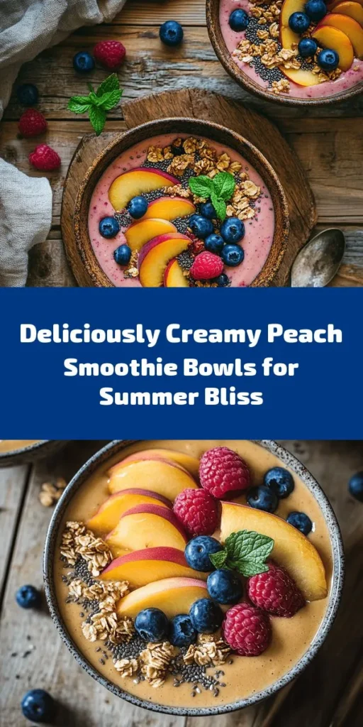 Dive into summer with these refreshing peach smoothie bowls! Perfect for a quick breakfast or a healthy snack, this vibrant recipe blends ripe peaches, frozen banana, Greek yogurt, and almond milk into a creamy delight. Top with granola, fresh peach slices, and your choice of berries for a delicious crunch. Ready in just 10 minutes, it’s a nutritious treat that looks as good as it tastes. Enjoy a burst of fruity freshness any time of day!