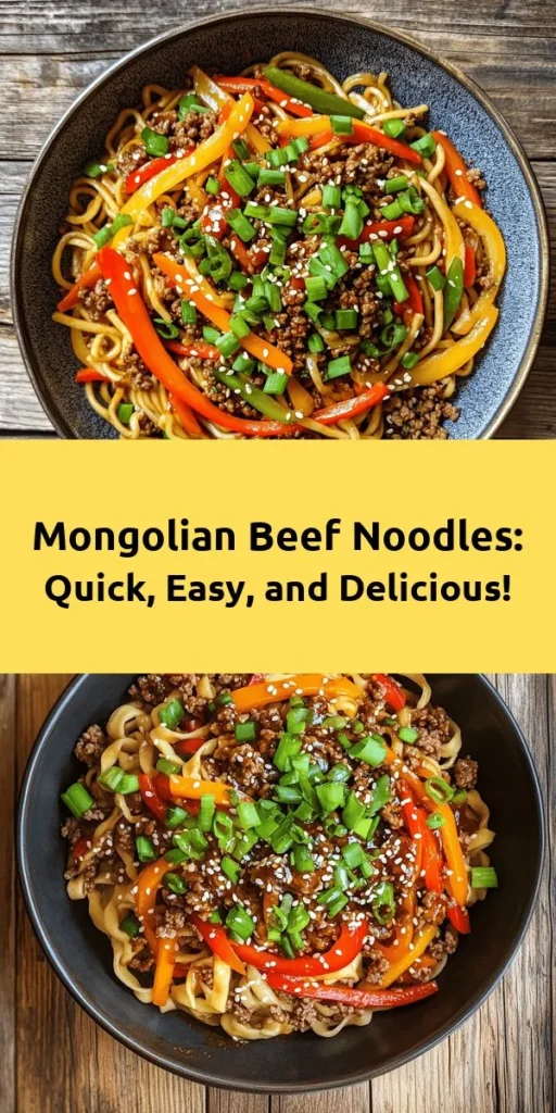 Discover the flavor-packed delight of Mongolian Ground Beef Noodles with this quick and easy recipe! In just 30 minutes, you can whip up a satisfying dish featuring savory ground beef, colorful veggies, and tender noodles, all coated in a delicious sauce. Perfect for a weeknight dinner or meal prep, this recipe is sure to be a family favorite. Garnish with sesame seeds and green onions for an extra touch. Try it out tonight!