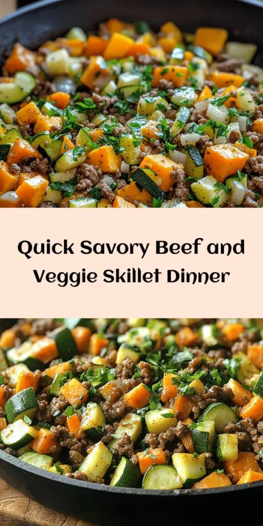 Looking for a quick and flavorful dish? Try this Savory Ground Beef Zucchini & Sweet Potato Skillet! Packed with lean ground beef, tender zucchini, and sweet potatoes, this one-pan meal is not only delicious but also nutritious. With simple ingredients and easy steps, you can whip it up in just 30 minutes. Perfect for busy weeknights or meal prep, and it’s sure to please the whole family. Enjoy a hearty dinner garnished with fresh parsley!