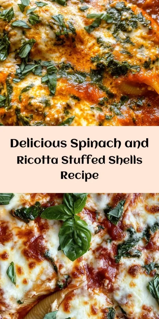 Discover the deliciousness of Easy Spinach and Ricotta Stuffed Shells! This comforting dish features jumbo pasta shells filled with a creamy ricotta and fresh spinach mixture, topped with marinara sauce and gooey mozzarella. Perfect for a family dinner or meal prep, it's simple to make and packed with flavor. Bake until bubbly and golden for a delightful meal that everyone will love. Garnish with fresh basil for an extra touch!