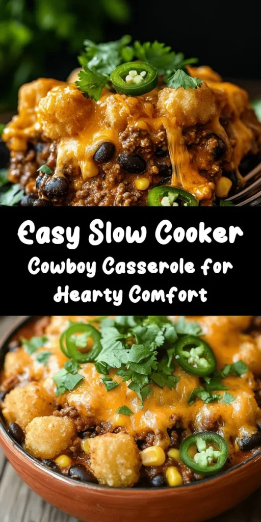 Whip up an irresistible and hearty Slow Cooker Cowboy Casserole that's perfect for busy weeknights! This delicious dish combines ground beef, black beans, corn, and zesty diced tomatoes, all layered with crispy tater tots and melted cheddar cheese. Simply brown the beef, mix in the ingredients, and let the slow cooker do the magic! Serve it hot, garnished with fresh cilantro and jalapeños for a kick. Ideal for feeding the family or hosting friends!