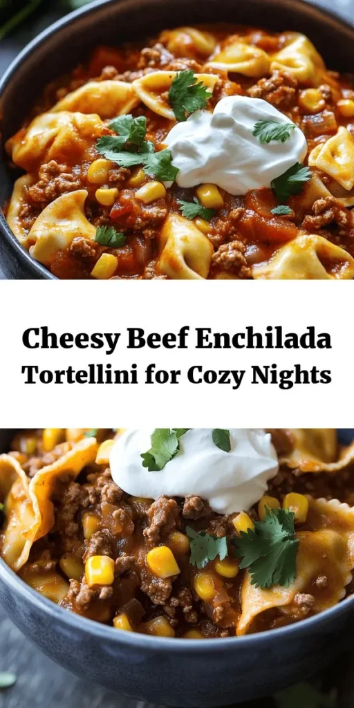 Looking for a delicious twist on classic flavors? Try this Cheesy Beef Enchilada Tortellini recipe! Packed with ground beef, cheesy tortellini, and a creamy enchilada sauce, it's perfect for a comforting meal. In just 30 minutes, you can whip up a dish that's sure to impress. With simple ingredients like corn, cheddar, and Monterey Jack, plus a hint of cilantro for freshness, this dish is both satisfying and easy to make. Get ready to indulge!