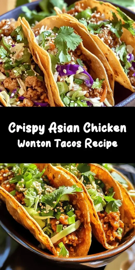 Looking for a fun and flavorful twist on taco night? Try these Asian Chicken Wonton Tacos! Made with ground chicken, vibrant green onions, and a blend of savory sauces, each crispy wonton shell is filled with a zesty chicken mixture and topped with fresh cilantro and sesame seeds. Perfect for parties or a weeknight dinner, these tacos are sure to impress! Quick to make and even tastier to eat. Get ready to crunch into deliciousness!