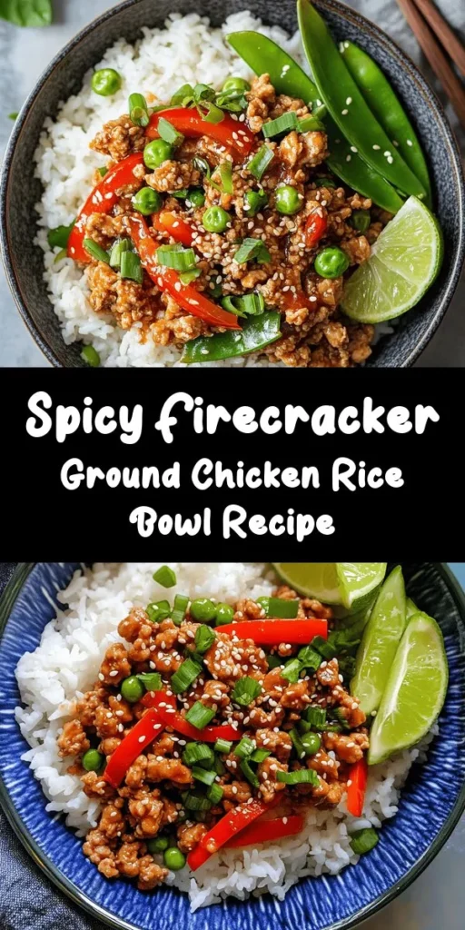 Spice up your dinner with this delicious Firecracker Ground Chicken Bowl! Packed with flavor from ground chicken, garlic, and ginger, it's a fast and easy dish that's ready in just 20 minutes. Sauté vibrant veggies like red bell pepper and snap peas, then add a punch of heat with chili garlic sauce. Serve it over fluffy jasmine rice, topped with green onions and sesame seeds, and enjoy with lime wedges for a refreshing kick. Perfect for a weeknight meal!