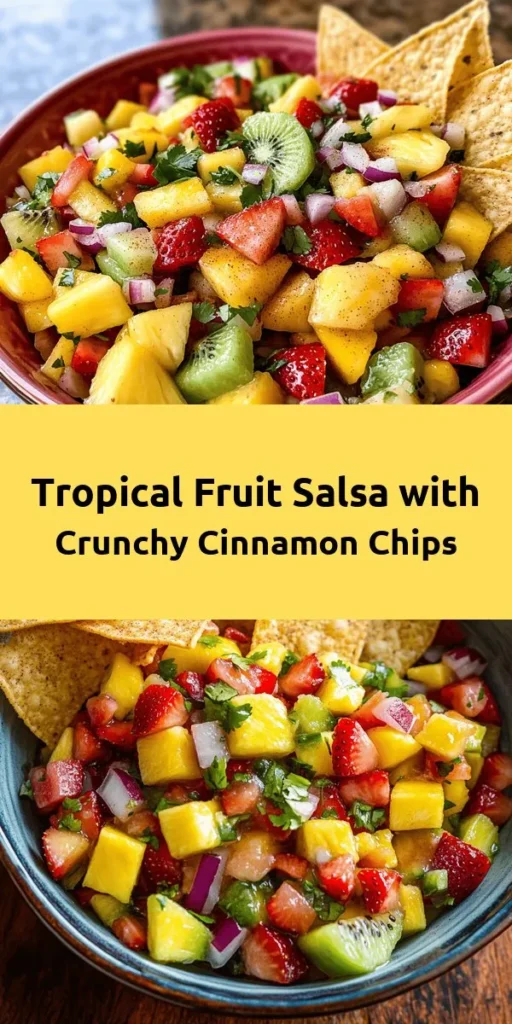 Brighten up your snack time with this Tropical Fruit Salsa and crispy Cinnamon Chips! Bursting with fresh pineapple, strawberries, kiwi, and mango, this vibrant salsa is paired with buttery, cinnamon-sugar coated tortilla chips for the perfect crunch. Perfect for parties or a refreshing dessert, it’s easy to whip up in under an hour. Chill the salsa for a tasty mix of flavors, and enjoy a tropical escape with every bite!