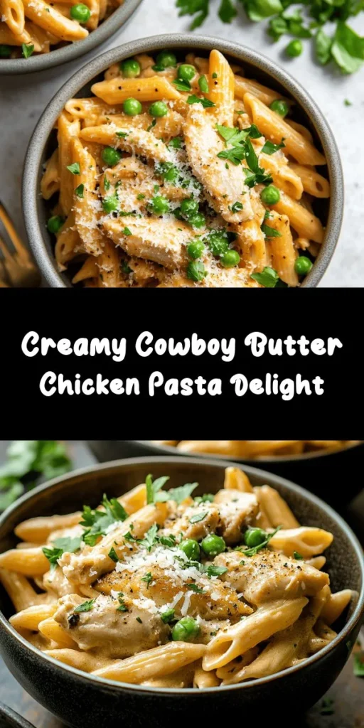 Satisfy your cravings with this delicious Cowboy Butter Chicken Pasta! This creamy dish features tender chicken thighs sautéed with garlic and flavorful spices, all tossed with your favorite pasta and coated in a rich sauce. With ingredients like heavy cream, Parmesan, and optional peas for a pop of color, it's a comforting meal perfect for any night of the week. Easy to make in just 35 minutes, this recipe will quickly become a family favorite.