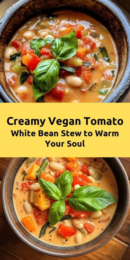 Warm up with this creamy vegan tomato white bean stew, packed with hearty veggies and flavor! This comforting dish combines diced tomatoes, white beans, and fragrant coconut milk for a deliciously rich texture. Easy to make in just 40 minutes, it’s perfect for a weeknight dinner or meal prep. Top with fresh basil for a burst of color and taste. Healthy, satisfying, and entirely plant-based, this stew is sure to please everyone at the table!