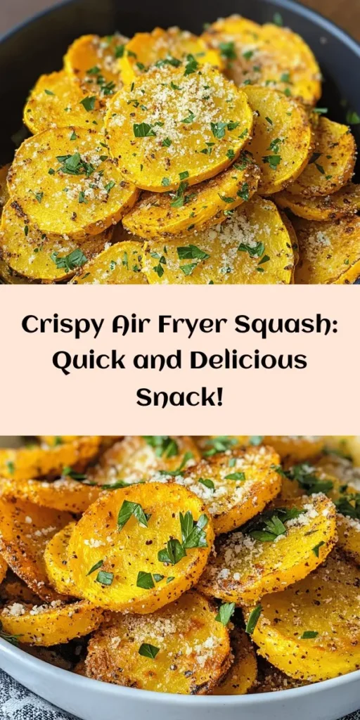 Discover the deliciousness of Crispy Air Fryer Squash Delight! This easy recipe features tender, yellow squash seasoned with garlic, onion, and smoked paprika for a burst of flavor. Toss in some Parmesan cheese for extra richness and air fry to crispy perfection in just 10-12 minutes. Perfect as a side dish or snack, this dish is sure to impress with its golden-brown crunch and vibrant garnish of fresh parsley. Quick to make and totally satisfying!
