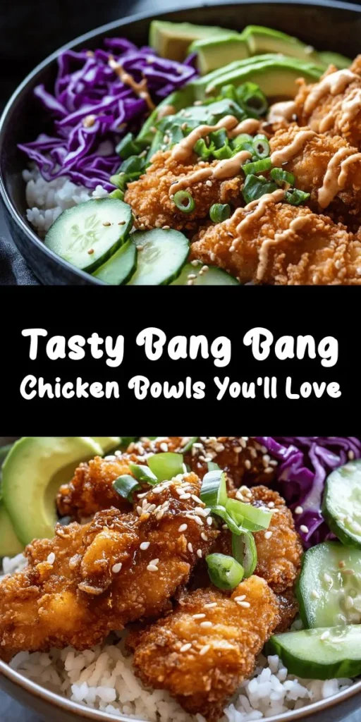 Dive into the deliciousness of Bang Bang Chicken Bowls! This recipe features crispy chicken thighs coated in a flavorful cornstarch mix, served over a bed of jasmine rice. Fresh veggies like red cabbage and cucumber add crunch, while a creamy Bang Bang sauce brings the perfect kick! Easy to make and bursting with flavor, these bowls are a delightful meal for any day. Gather your ingredients and enjoy a tasty feast that everyone will love!
