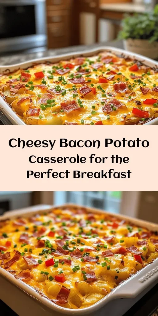 Start your day right with this delicious Cheesy Bacon Potato Breakfast Casserole! This hearty dish combines crispy bacon, hearty russet potatoes, and a melty blend of cheddar and mozzarella cheeses for a breakfast that’s sure to impress. With a simple prep time of just 20 minutes and a bake time that fills your kitchen with mouthwatering aromas, this casserole is perfect for families or gatherings. Top with fresh chives for a delightful finishing touch!