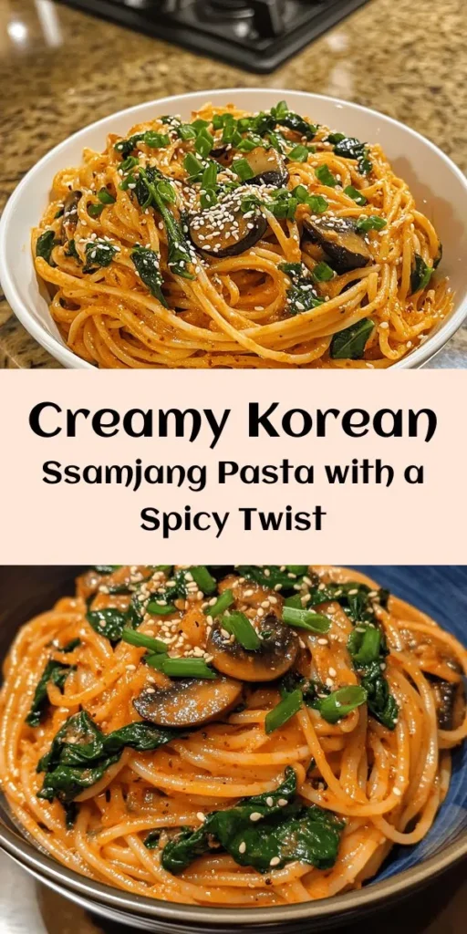 Indulge in a delicious twist on traditional pasta with this creamy Korean Ssamjang Pasta! Combining the rich flavors of Ssamjang and gochujang with fragrant garlic, sautéed mushrooms, and fresh spinach, this recipe is a perfect fusion dish. Easy to make and ready in just 30 minutes, it's a flavorful meal that will impress family and friends. Garnish with Parmesan cheese, green onions, and sesame seeds for a tasty finish!