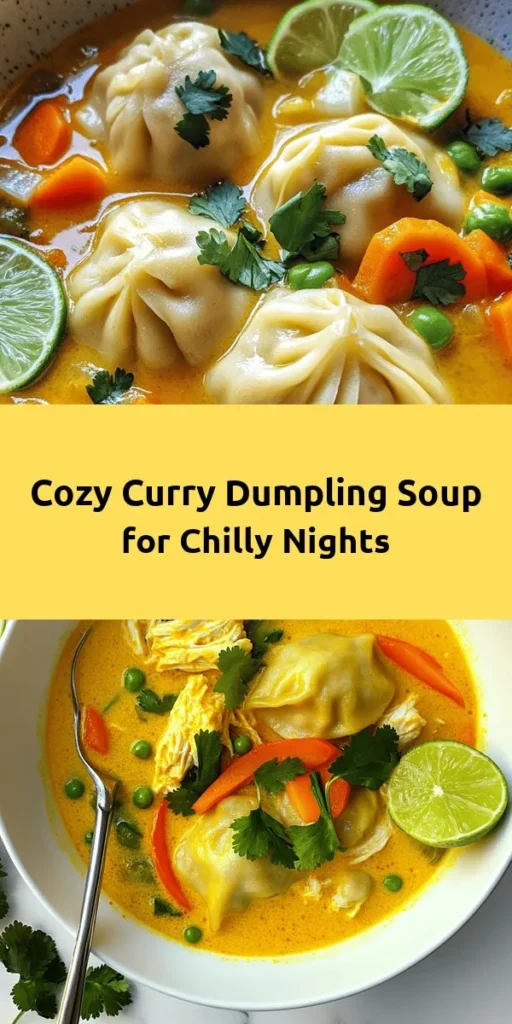 Warm up with this delicious Best Curry Dumpling Soup! Featuring fluffy dumplings filled with tender chicken or tofu nestled in a fragrant curry-infused coconut broth, this comforting dish is perfect for any occasion. With fresh veggies and a hint of lime, it’s not just a meal; it's an experience. Easy to make and packed with flavor, this soup is sure to become a family favorite. Try it today and enjoy a cozy bowl of goodness!