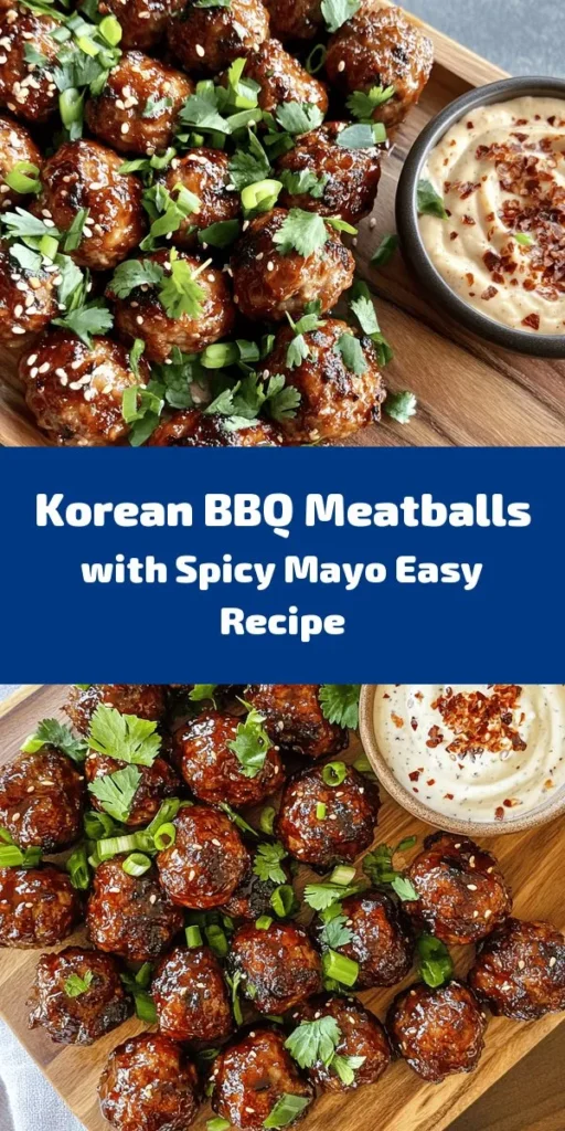 Indulge in these delicious Korean BBQ Meatballs paired with a zesty Spicy Mayo Dip. Made with juicy ground beef, fresh herbs, and a kick of gochujang, these meatballs are easy to prepare and perfect for any gathering. Bake them to golden perfection and serve with a creamy, spicy dip that’s a total crowd-pleaser. This recipe is a wonderful blend of flavors that’s sure to impress at your next party or family dinner. Enjoy a taste of Korea right at home!