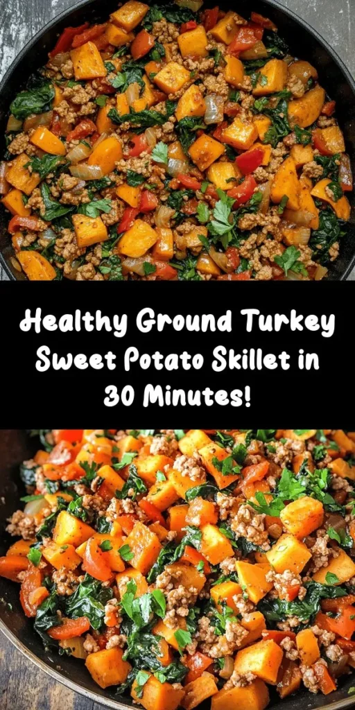 Whip up a delicious and nutritious Ground Turkey Sweet Potato Skillet in just 30 minutes! This easy one-pan meal combines savory ground turkey with sweet potatoes, colorful bell peppers, and nutritious greens like spinach or kale. Packed with flavor from smoked paprika, cumin, and garlic, it's the perfect balance of healthy and hearty. Perfect for a quick weeknight dinner, serve it warm and top it off with fresh herbs for an extra pop!