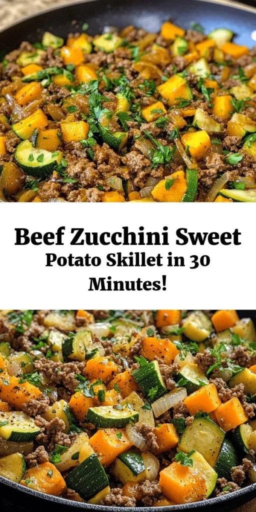 Delicious and nutritious, this Savory Ground Beef Zucchini Sweet Potato Skillet is a weeknight winner! Packed with lean ground beef, colorful veggies, and warm spices like smoked paprika and cumin, this one-pan dish is quick to prepare and full of flavor. In just 30 minutes, you’ll have a wholesome meal that serves four. Garnish with fresh parsley for an added touch. Perfect for busy nights or meal prep! Try it today!