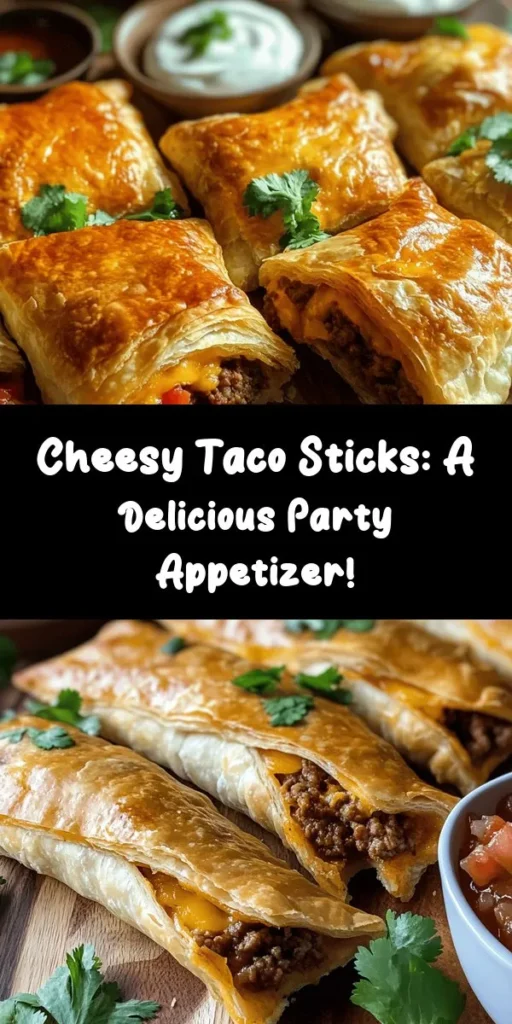 Looking for a fun and delicious appetizer? Try these Cheesy Taco Sticks! They're made with ground beef (or turkey) mixed with taco seasoning, sharp cheddar, and gooey mozzarella, all wrapped in flaky puff pastry. Easy to make and packed with flavor, these tasty treats are perfect for parties or a quick weeknight snack. Serve them warm with salsa and sour cream for a crowd-pleasing bite. Quick to prep and sure to impress!
