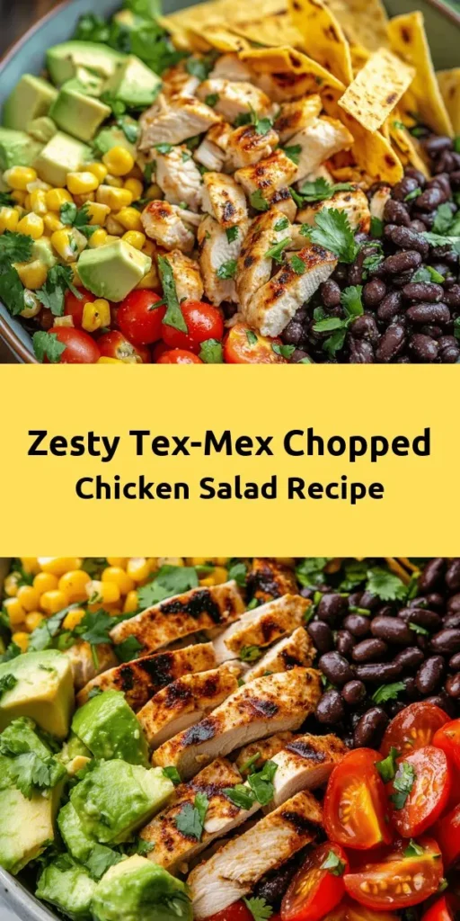 Looking for a fresh and flavorful dish? Try this Tex-Mex Chopped Chicken Salad! Packed with protein from chicken and black beans, plus vibrant veggies like corn, cherry tomatoes, and avocado, this salad is as nutritious as it is delicious. Toss everything together with a zesty lime-cumin dressing for an irresistible bite. Perfect for a quick lunch or a light dinner, and optionally topped with crunchy tortilla strips for extra texture. Enjoy in just 15 minutes!