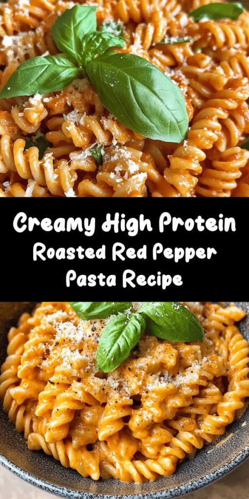 Indulge in this creamy roasted red pepper pasta recipe, packed with high protein goodness! Made with whole grain pasta, Greek yogurt, and roasted red peppers, it's a delightful twist on a classic dish. Quick and easy to prepare in just 25 minutes, you can even add diced chicken or chickpeas for an extra protein kick. Perfect for a weeknight dinner or meal prep. Garnish with fresh basil and extra Parmesan for an irresistible finish. Enjoy every bite!