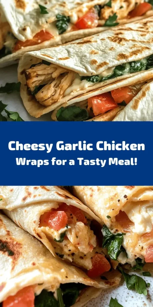 Savor the deliciousness of these Cheesy Garlic Chicken Wraps! Perfect for a quick meal, this recipe features tender shredded chicken mixed with creamy cheeses and aromatic garlic, all wrapped in warm tortillas with fresh spinach and tomatoes. Ready in just 30 minutes, these wraps are crispy on the outside and gooey on the inside. Ideal for lunch or dinner, they’re sure to become a family favorite. Try them today!