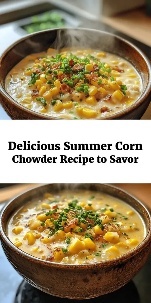 Dive into the flavors of summer with this delicious Sweet Summer Corn Chowder! Packed with fresh corn, creamy potatoes, and aromatic spices, this chowder is perfect for a cozy dinner. It's easy to make, taking only 40 minutes, and can be customized with crumbled bacon for added crunch. Serve it warm with crusty bread for a delightful meal. Garnish with fresh chives for a beautiful presentation. Perfect for any summer gathering!