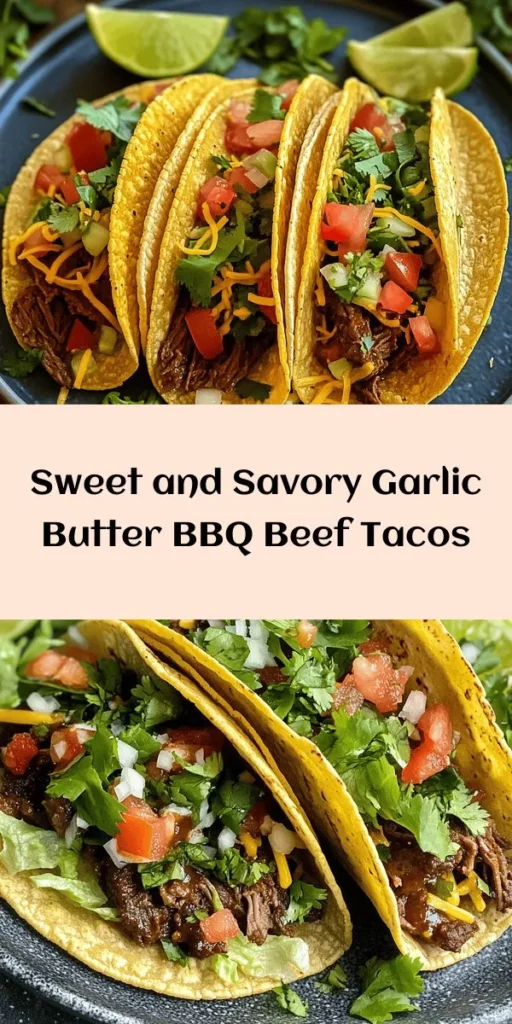 Savor the deliciousness of Garlic Butter Honey BBQ Beef Tacos! This simple recipe combines ground beef cooked in a savory garlic butter sauce with sweet honey and tangy BBQ, delivering a flavor explosion in every bite. Ready in just 30 minutes, these tacos are topped with fresh lettuce, tomatoes, and cheese, making them perfect for a quick weeknight dinner or a fun gathering. Don’t forget the lime wedges for that extra zing! Enjoy!