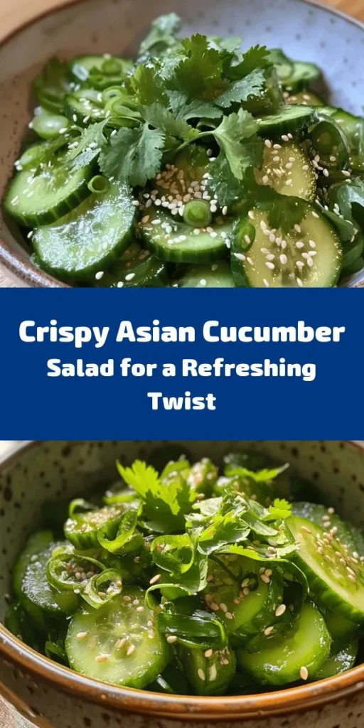 Refresh your meals with this crunchy Asian cucumber salad! Perfect for summer BBQs or as a side dish, this vibrant salad combines crisp English cucumbers with a flavorful dressing of rice vinegar, soy sauce, and sesame oil, enhanced by garlic and ginger. Topped with sesame seeds and green onions, it’s not only easy to prepare but also packed with refreshing flavors. Enjoy it fresh or chilled for a delightful treat!