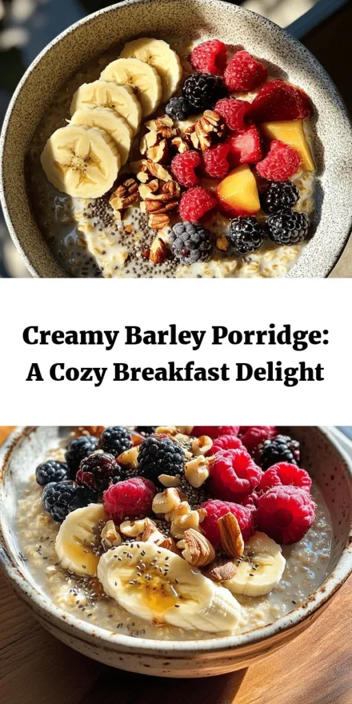 Start your day with a warm and comforting bowl of creamy barley breakfast porridge! This delicious recipe features pearl barley cooked to perfection in water or milk for a rich texture. Sweetened with honey or maple syrup and enhanced with vanilla and cinnamon, it's topped with fresh fruits and your choice of nuts or seeds. Perfect for a nutritious breakfast, this dish is easy to make and customizable for the whole family. Enjoy every spoonful!
