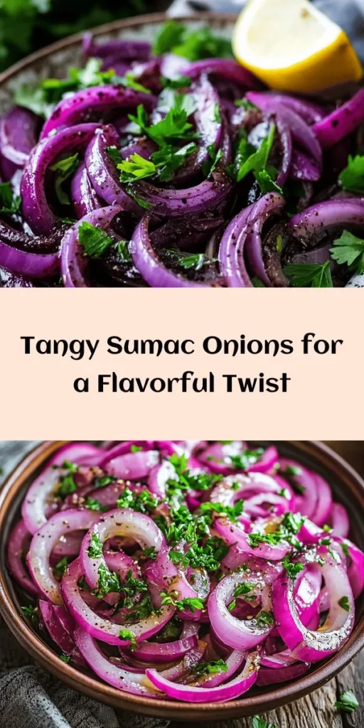 Elevate your meals with these flavorful Tangy Sumac Onions! Perfect as a zesty side dish or topping for grilled meats and salads. This recipe combines thinly sliced red onions with a delightful dressing of sumac, olive oil, apple cider vinegar, and a hint of honey. Let the mixture marinate to enhance the flavors, and serve with fresh parsley and lemon wedges. Quick to prepare, it’s a simple way to add a burst of tangy goodness to your dining experience!