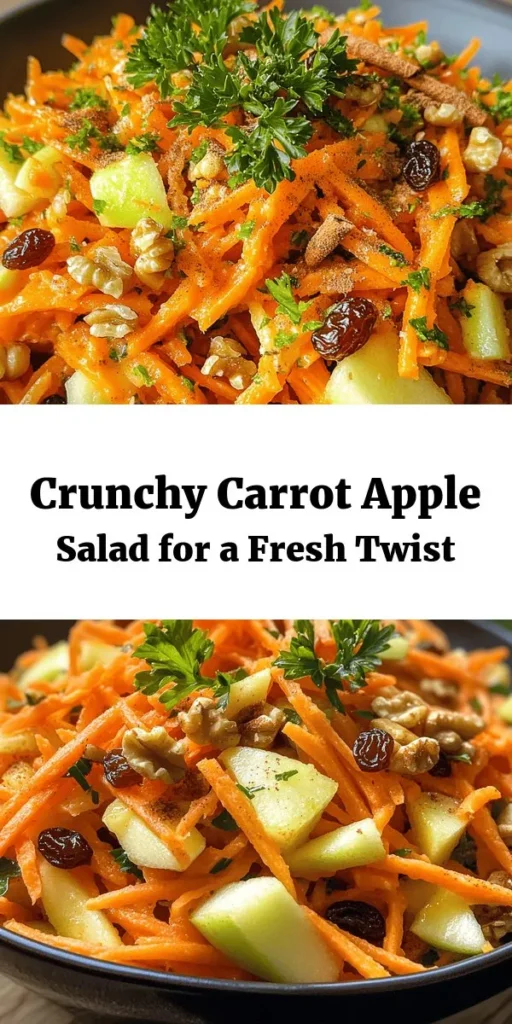 Discover the Crunchy Carrot Apple Delight, a refreshing and healthy salad perfect for any occasion! This easy recipe combines grated carrots, tart Granny Smith apples, and a mix of raisins or dried cranberries with optional walnuts for added crunch. Drizzled with a sweet honey or maple syrup dressing and a hint of lemon, it’s the ideal balance of flavors. Serve chilled and garnish with fresh herbs for a vibrant touch. Enjoy this simple, nutritious dish in just 25 minutes!