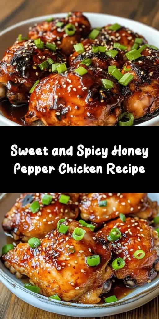 Get ready to spice up dinner with this Sweet and Spicy Honey Pepper Chicken! This easy recipe features tender chicken thighs marinated in a delicious blend of honey, soy sauce, and spices. Bake or grill for a perfect golden finish, then brush with a thickened glaze for an extra burst of flavor. Garnish with green onions and sesame seeds for a beautiful presentation. Perfect for weeknights, this dish will be a hit with the whole family!