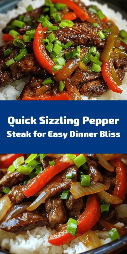 Savor the flavor with this delightful Sizzling Pepper Steak! This easy recipe features tender marinated flank steak sautéed with vibrant onions and bell peppers, all coated in a delicious savory sauce. Perfect served over rice or noodles, it's a quick weeknight dinner that impresses. With a prep time of just 10 minutes and ready in 45, you'll love the mouthwatering combination of spices and freshness. Try it tonight and enjoy a taste of delight!