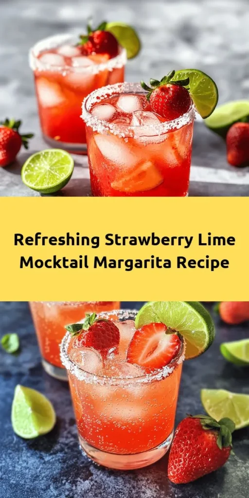 Refresh your day with this delicious Strawberry Lime Mocktail Margarita that's perfect for any occasion! This vibrant drink combines fresh strawberries, tangy lime juice, and a hint of sweetness from agave syrup, blended to perfection. Mixed with coconut water and topped with sparkling water, it’s both fruity and fizzy. Rim your glasses with sea salt for an extra zing and garnish with lime wedges and strawberries. Quick to make and sure to impress, serve this delightful mocktail at your next gathering!