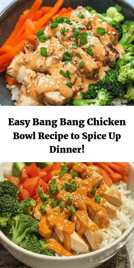 Try this delicious Bang Bang Chicken Bowl for an easy weeknight dinner! Featuring juicy diced chicken, vibrant veggies, and a creamy, spicy Bang Bang sauce, this meal is packed with flavor. Serve it over fluffy jasmine rice, and don't forget to garnish with green onions and sesame seeds for that extra touch! With a prep time of only 15 minutes, it’s perfect for busy evenings. Your taste buds will thank you for this delightful dish!