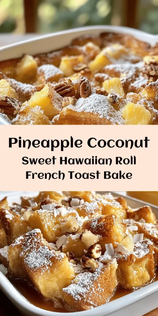Indulge in the deliciousness of Sweet Hawaiian Roll French Toast Bake! This easy and delightful recipe features soft, fluffy Hawaiian rolls soaked in a rich custard with a hint of cinnamon and nutmeg. Perfect for brunch or a cozy breakfast, it's topped with crushed pineapple and optional coconut and nuts for extra flavor. Bake it up in just 50 minutes and serve warm with a dusting of powdered sugar and a drizzle of maple syrup. Enjoy this dreamy, tropical twist on a classic!