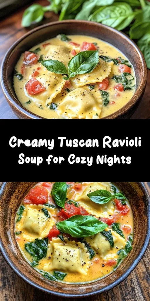 Warm up with this delightful Creamy Tuscan Ravioli Soup! Packed with fresh vegetables, creamy goodness, and tender cheese ravioli, this recipe is not only easy to make but also bursting with flavor. With just a few simple steps, you’ll create a comforting bowl that's perfect for any day of the week. Don’t forget to garnish with fresh basil and a sprinkle of Parmesan for that extra touch. Perfect for family dinners or cozy evenings at home!
