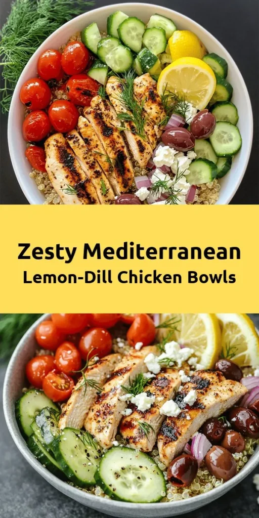 Elevate your meal prep with these Mediterranean-Inspired Lemon-Dill Chicken Bowls! This vibrant dish features marinated grilled chicken paired with a wholesome base of quinoa or brown rice, topped with fresh vegetables like cherry tomatoes, cucumbers, red onions, Kalamata olives, and crumbled feta. Brightened by lemon and fragrant dill, it’s both nutritious and delicious. Perfect for lunch or dinner, this recipe serves four and is easy to make!