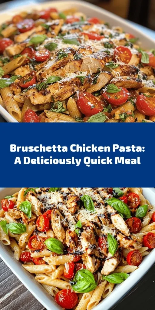 Whip up a delicious and vibrant Bruschetta Chicken Pasta in just 30 minutes! This easy recipe combines tender chicken, al dente penne, and fresh cherry tomatoes, all tossed in a flavorful balsamic and garlic sauce. With the addition of fresh basil and a sprinkle of Parmesan cheese, this dish is a crowd-pleaser. Perfect for a weeknight dinner or to impress guests. Add some red pepper flakes for a spicy kick! Enjoy the fresh flavors of summer any time of the year.