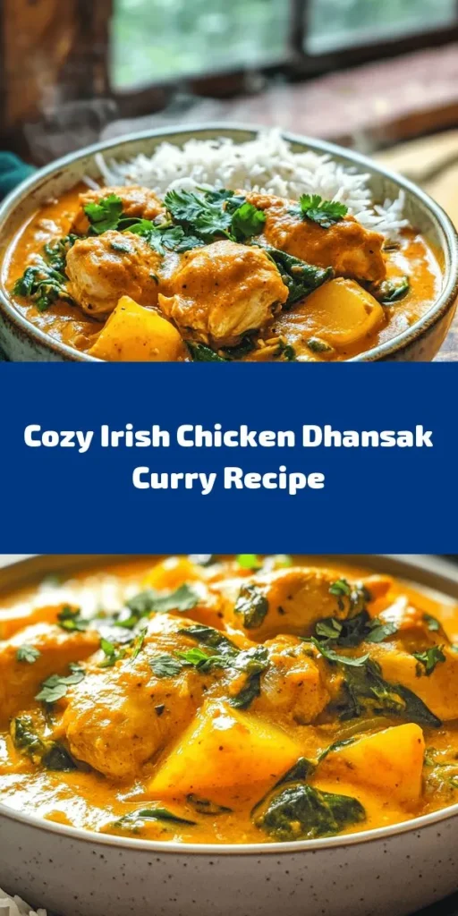 Warm up your dinner table with this Hearty Irish Chicken Dhansak Curry! This comforting dish features tender chicken thighs simmered in a creamy coconut milk sauce, enriched with rich spices and mashed Irish potatoes for a unique twist. Perfectly seasoned with garlic, ginger, and fresh spinach, it's a flavorful fusion sure to satisfy. Serve it hot over fluffy basmati rice for a wholesome meal that brings together the best of Irish and Indian flavors. Enjoy this deliciously cozy dish any night of the week!