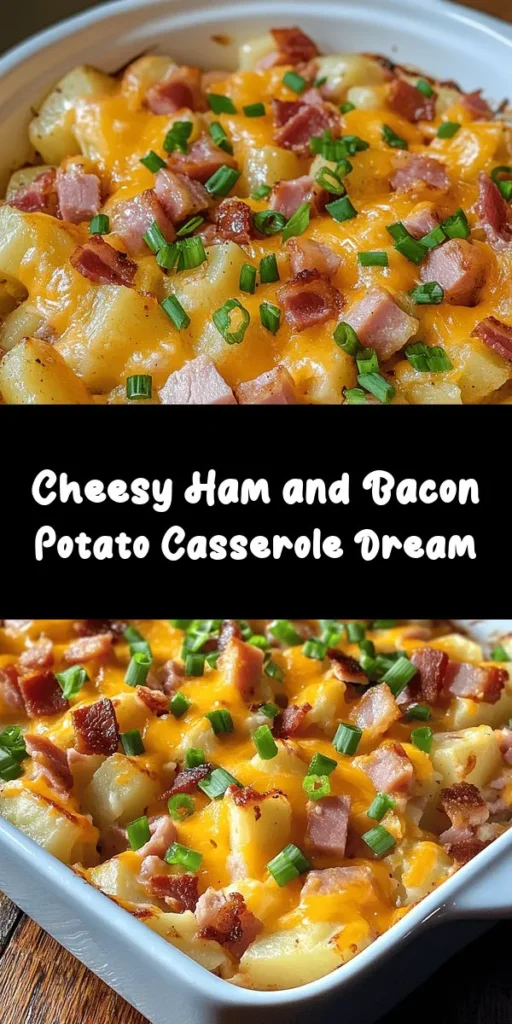 Indulge in the ultimate comfort food with this Cheesy Ham & Bacon Potato Delight! Loaded with tender potatoes, savory ham, and crispy bacon, all smothered in creamy cheddar cheese, this dish is sure to be a hit. Perfect for family gatherings or cozy evenings at home, it's easy to make and satisfies every craving. Just mix, bake, and broil for a deliciously cheesy topping. Garnish with green onions and watch it disappear!