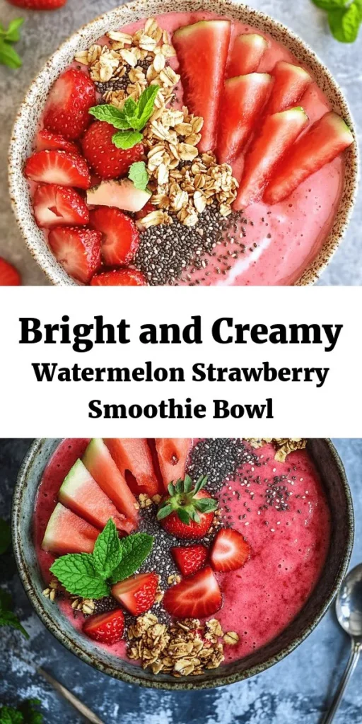 Start your day with a refreshing Watermelon and Strawberry Smoothie Bowl! This delicious recipe combines fresh watermelon, strawberries, and banana with Greek yogurt for a creamy base. Top it off with sliced fruits, granola, and chia seeds for added crunch and nutrition. Perfect for breakfast or a midday treat, this smoothie bowl is not only visually stunning but also packed with flavor and goodness. Enjoy in just 10 minutes!