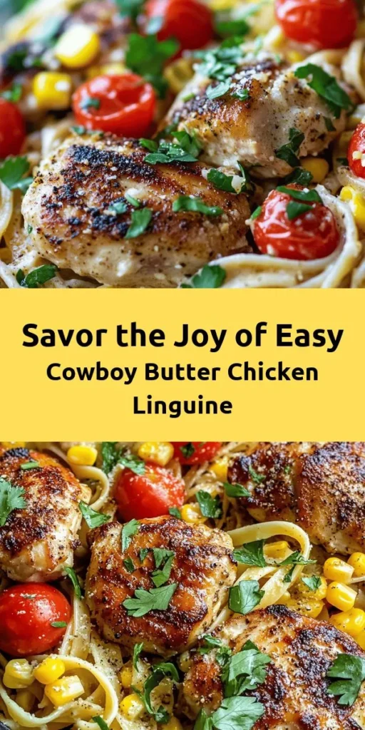 Whip up a delicious dinner with this Easy Cowboy Butter Chicken Linguine! This hearty dish features tender chicken thighs sautéed in a flavorful cowboy butter sauce with garlic, cherry tomatoes, and sweet corn, all tossed with linguine pasta. Ready in just 30 minutes, it’s perfect for a weeknight meal. Top with fresh cilantro and optional Parmesan for a tasty finishing touch. Enjoy a bowl of comfort that the whole family will love!