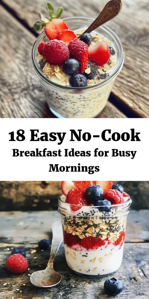Start your day off right with these 18 no-cook breakfast recipes that are both quick and delicious! From creamy overnight berry oats to savory avocado toast and refreshing Greek yogurt parfaits, these meals require minimal effort and are packed with flavor. Perfect for busy mornings, each recipe is designed to be prepared in just minutes, letting you enjoy wholesome meals without turning on the stove. Get inspired and fuel your mornings!