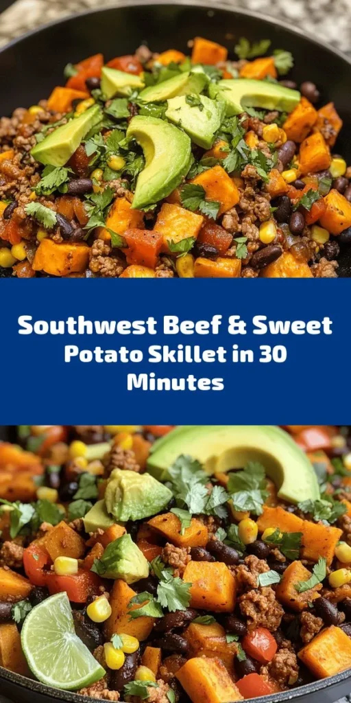 Try this delicious Southwest Beef & Sweet Potato Skillet for a satisfying meal! With ground beef, sweet potatoes, black beans, corn, and colorful bell peppers, this dish is packed with flavor and nutrients. It comes together quickly in just 30 minutes, making it perfect for busy weeknights. Finish with a squeeze of lime and a sprinkle of fresh cilantro for the ultimate taste. Serve it with avocado slices for an extra creamy touch! Enjoy this comforting one-pan wonder.